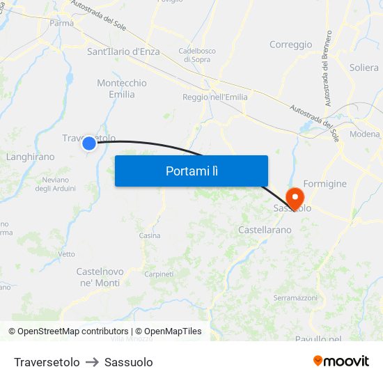 Traversetolo to Sassuolo map