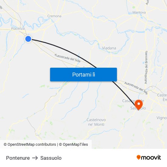 Pontenure to Sassuolo map