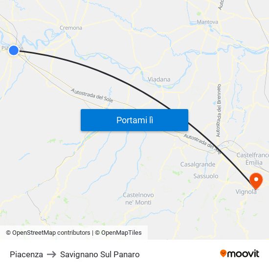 Piacenza to Savignano Sul Panaro map