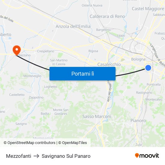 Mezzofanti to Savignano Sul Panaro map