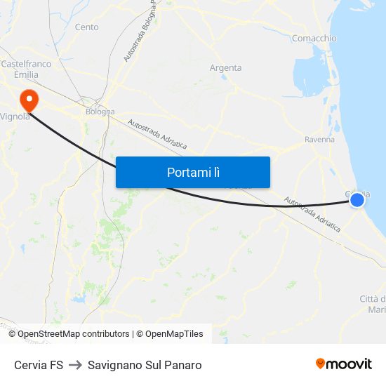 Cervia FS to Savignano Sul Panaro map