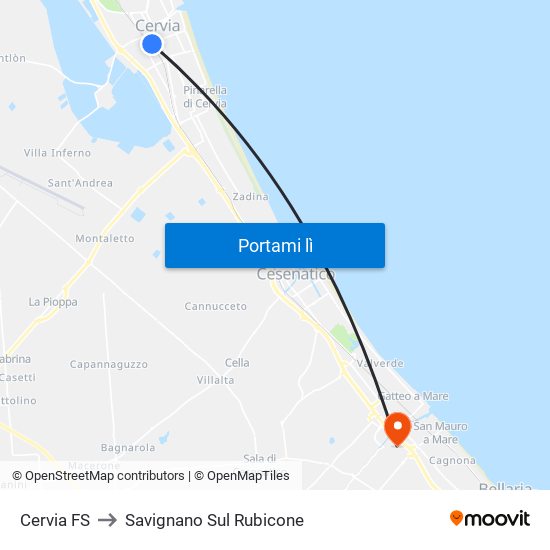 Cervia FS to Savignano Sul Rubicone map