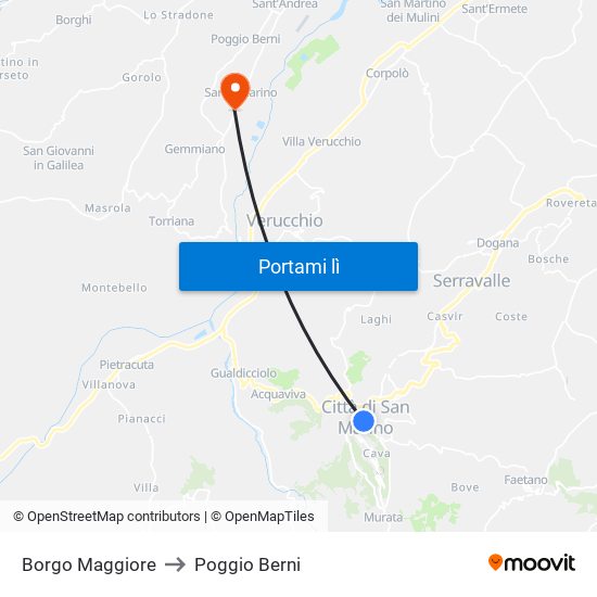 Borgo Maggiore to Poggio Berni map