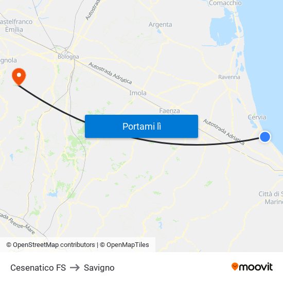 Cesenatico FS to Savigno map