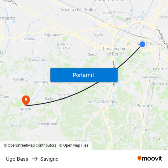 Ugo Bassi to Savigno map