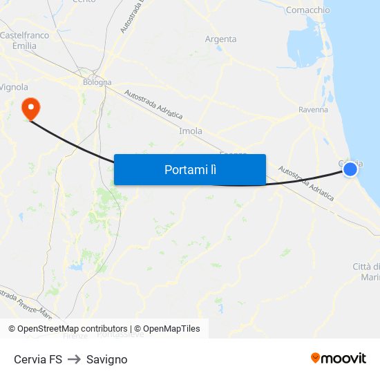 Cervia FS to Savigno map