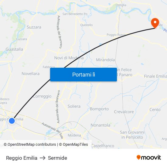 Reggio Emilia to Sermide map