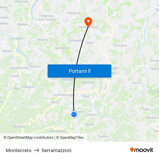 Montecreto to Serramazzoni map