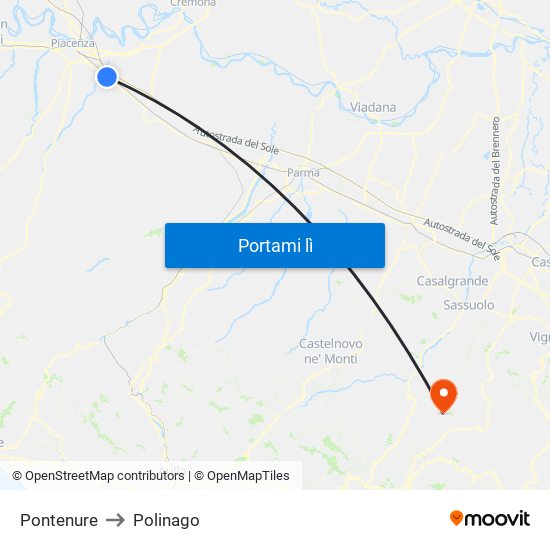 Pontenure to Polinago map