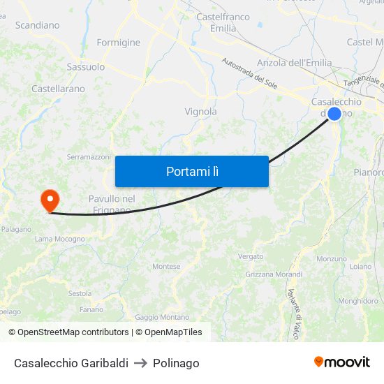 Casalecchio Garibaldi to Polinago map