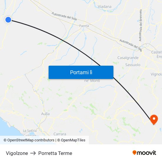 Vigolzone to Porretta Terme map