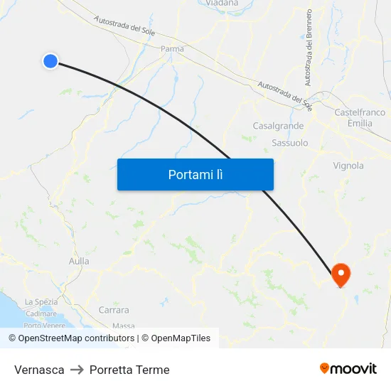 Vernasca to Porretta Terme map