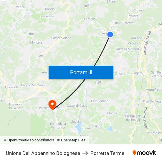 Unione Dell'Appennino Bolognese to Porretta Terme map