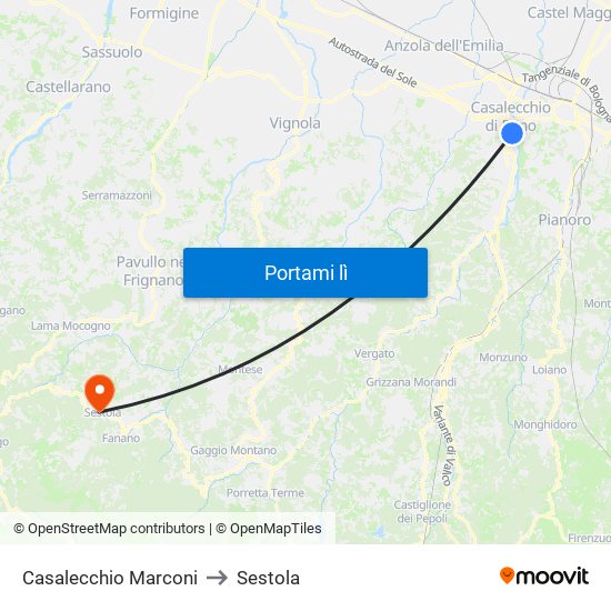 Casalecchio Marconi to Sestola map