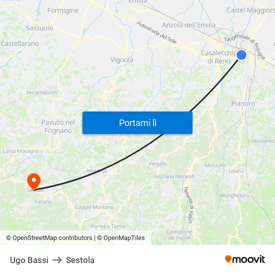 Ugo Bassi to Sestola map