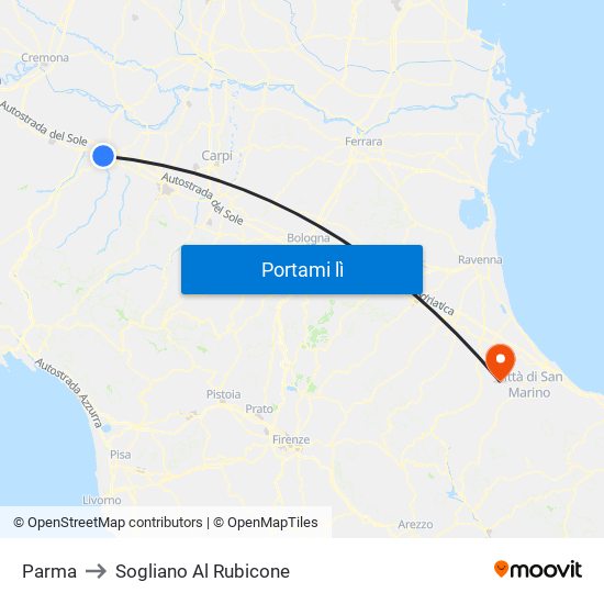 Parma to Sogliano Al Rubicone map