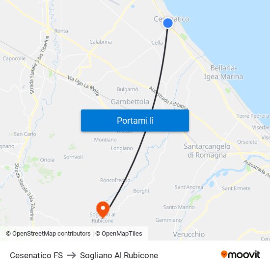 Cesenatico FS to Sogliano Al Rubicone map