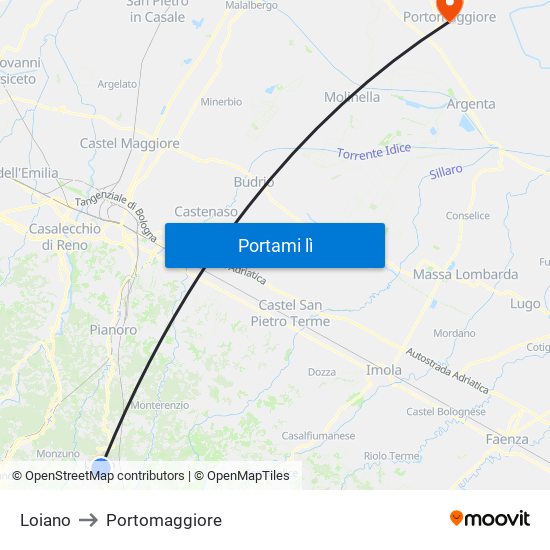 Loiano to Portomaggiore map