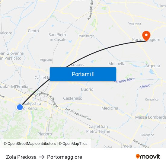 Zola Predosa to Portomaggiore map