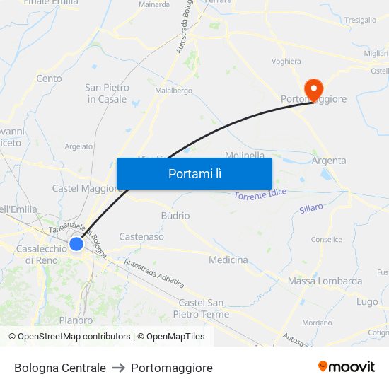 Bologna Centrale to Portomaggiore map