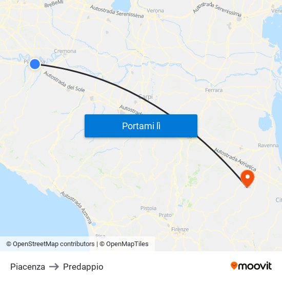 Piacenza to Predappio map