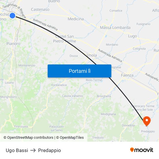 Ugo Bassi to Predappio map