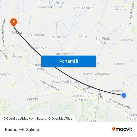 Budrio to Soliera map