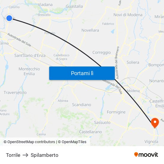 Torrile to Spilamberto map