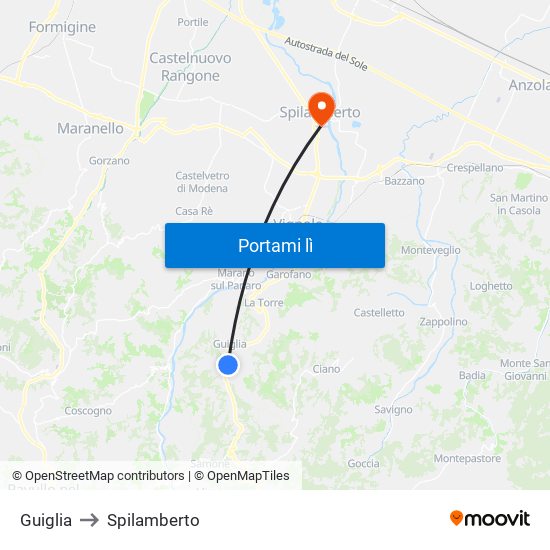 Guiglia to Spilamberto map