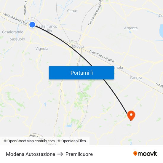 Modena Autostazione to Premilcuore map