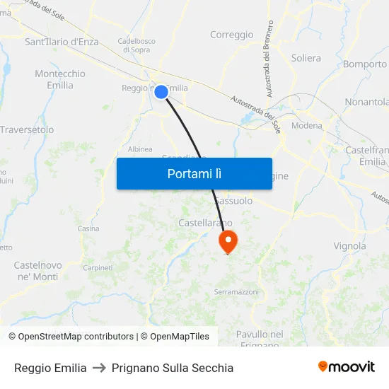 Reggio Emilia to Prignano Sulla Secchia map