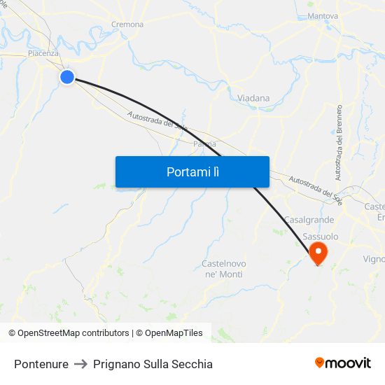 Pontenure to Prignano Sulla Secchia map