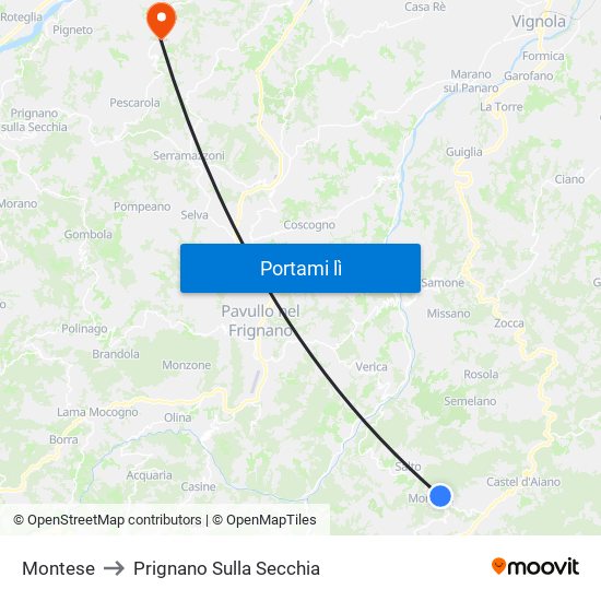 Montese to Prignano Sulla Secchia map
