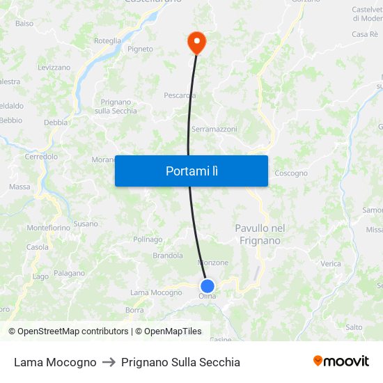 Lama Mocogno to Prignano Sulla Secchia map