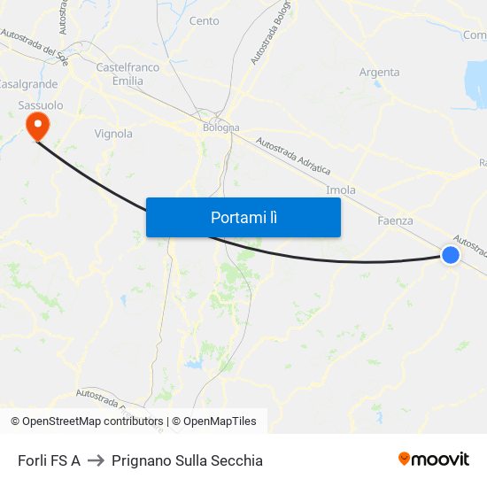 Forli FS A to Prignano Sulla Secchia map