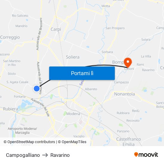 Campogalliano to Ravarino map