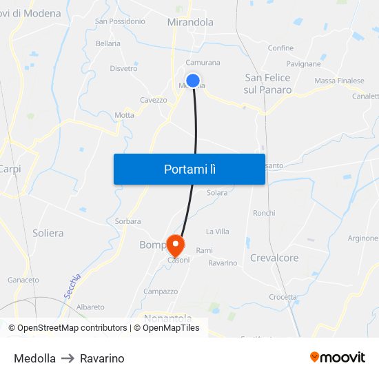 Medolla to Ravarino map