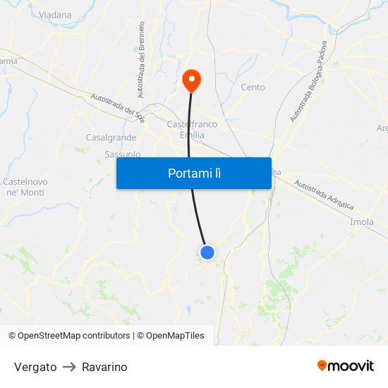 Vergato to Ravarino map