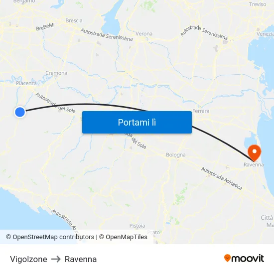 Vigolzone to Ravenna map