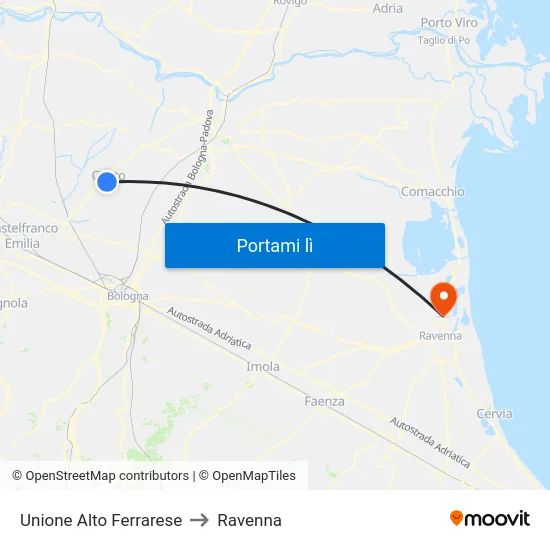 Unione Alto Ferrarese to Ravenna map
