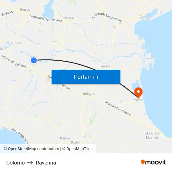 Colorno to Ravenna map