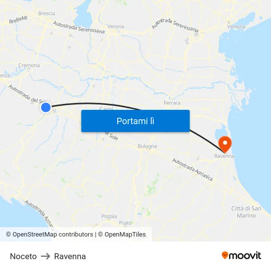 Noceto to Ravenna map
