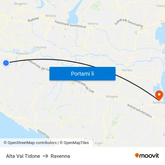 Alta Val Tidone to Ravenna map