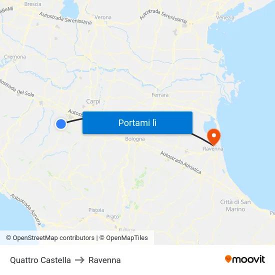 Quattro Castella to Ravenna map