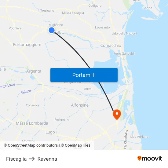 Fiscaglia to Ravenna map