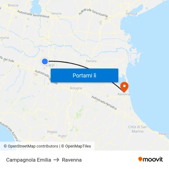 Campagnola Emilia to Ravenna map