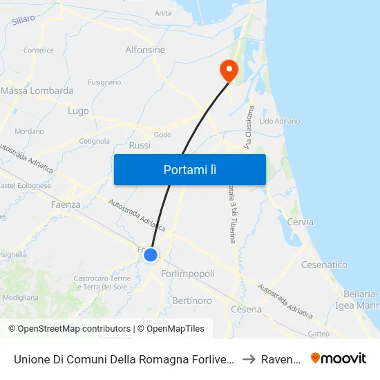 Unione Di Comuni Della Romagna Forlivese to Ravenna map