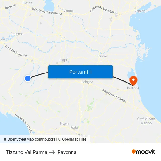 Tizzano Val Parma to Ravenna map