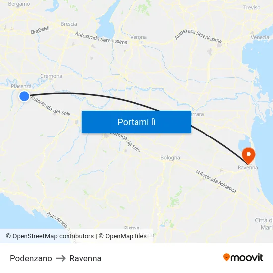 Podenzano to Ravenna map