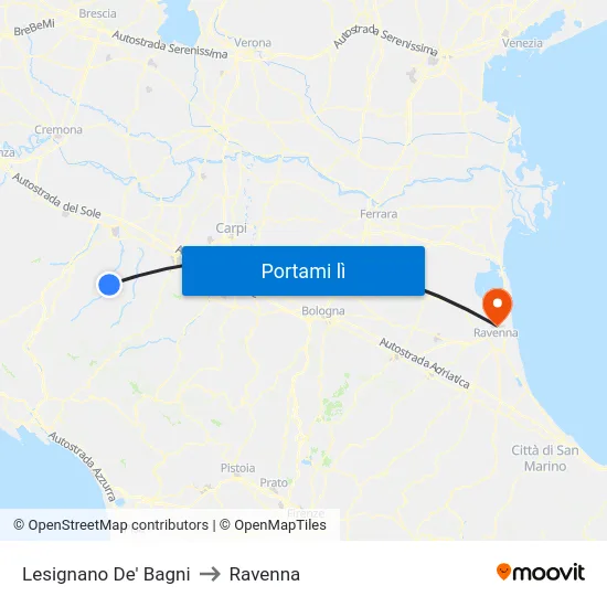 Lesignano De' Bagni to Ravenna map